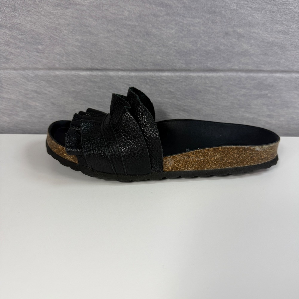 Verbenas Womens 38 Rocio Volante Black Ruffle Flat Cork Slide Sandals Slip On